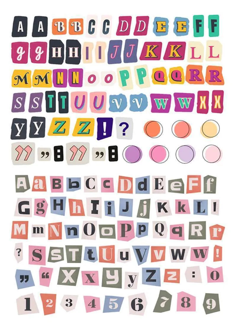 English letters and numbers symbol label stickers showing A, B, C, D, E letters and weekly words in cute printed style