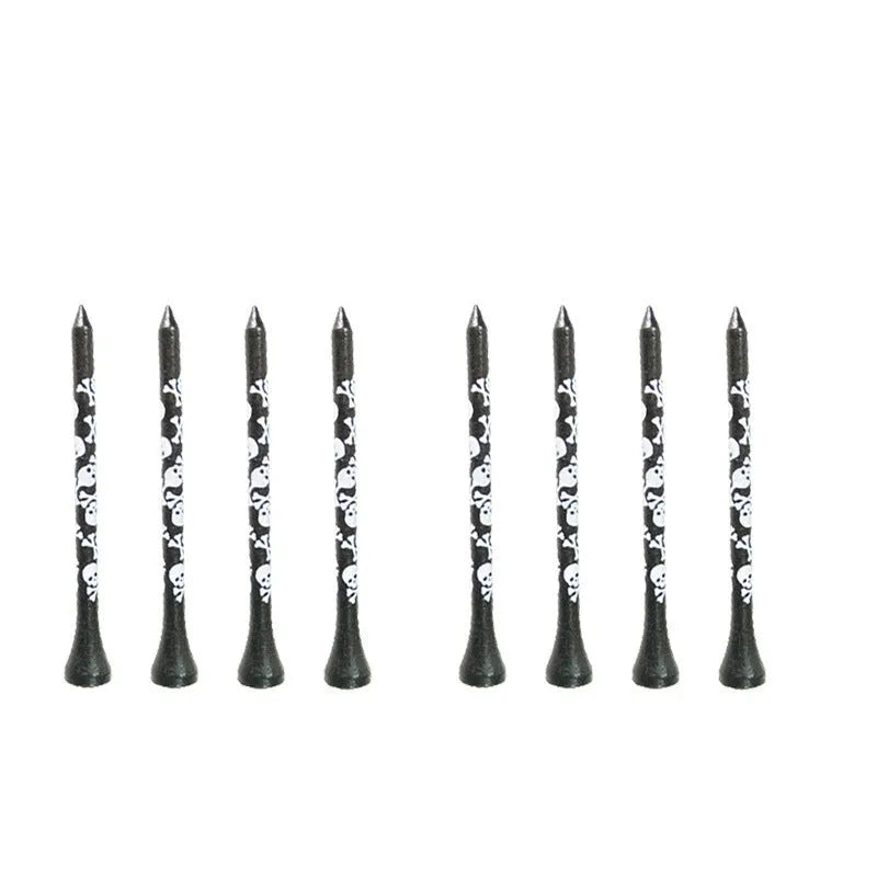 Black bamboo golf shoe dowel pins with skull print in 70mm and 83mm sizes, pack of 10