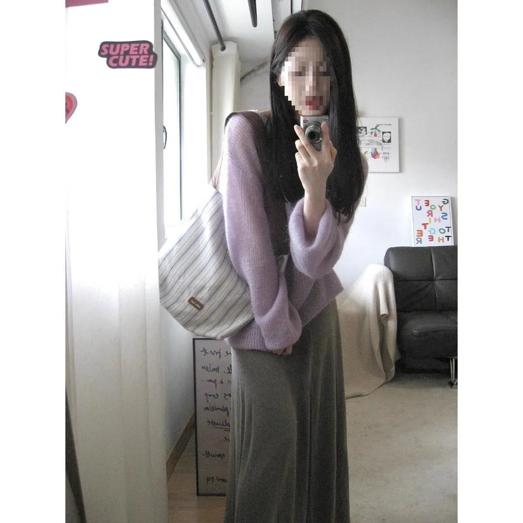 Purple women's blouse with hollow out princess sleeves in ice silk fabric, round neck pullover style
