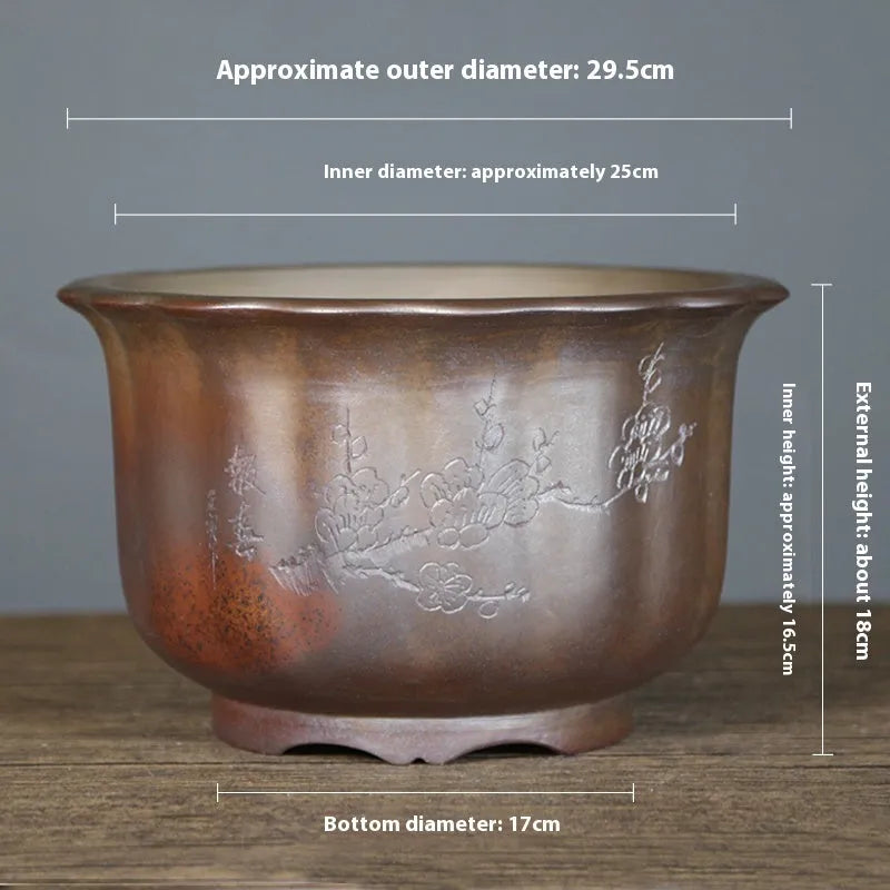 Antique carved purple sand ceramic flower pot with wood burning design, large bonsai basin size