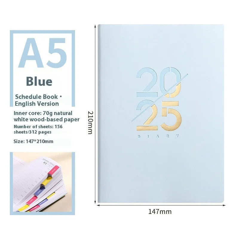 A5 2025 daily planner schedule book with faux leather cover shown in blue colour option