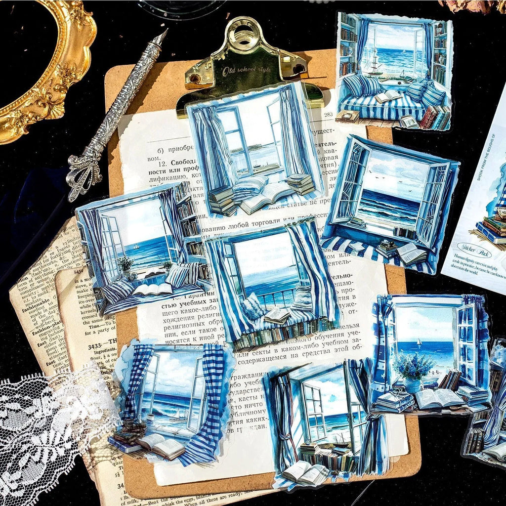 Retro-style printed decorative sticker sheet from the Window Story Series for journals.