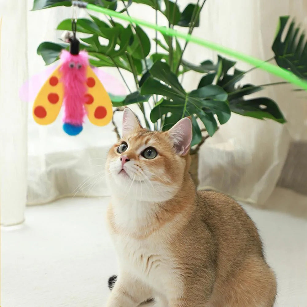 Blue cat wand toy with dragonfly attachment and bell on 49cm extendable stick
