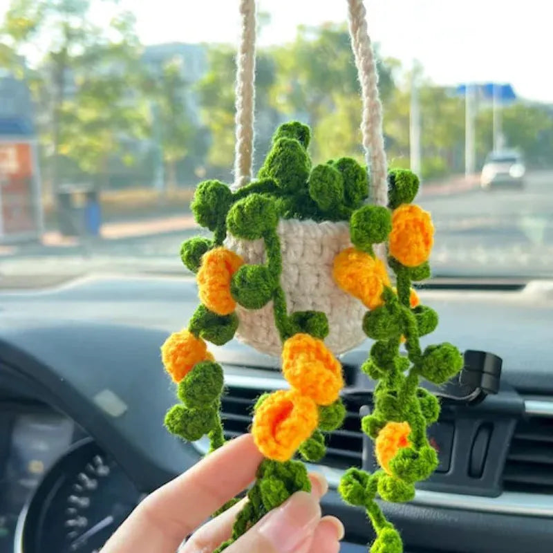 Green and white knitted wool car plant decoration hanging from 25cm white rope