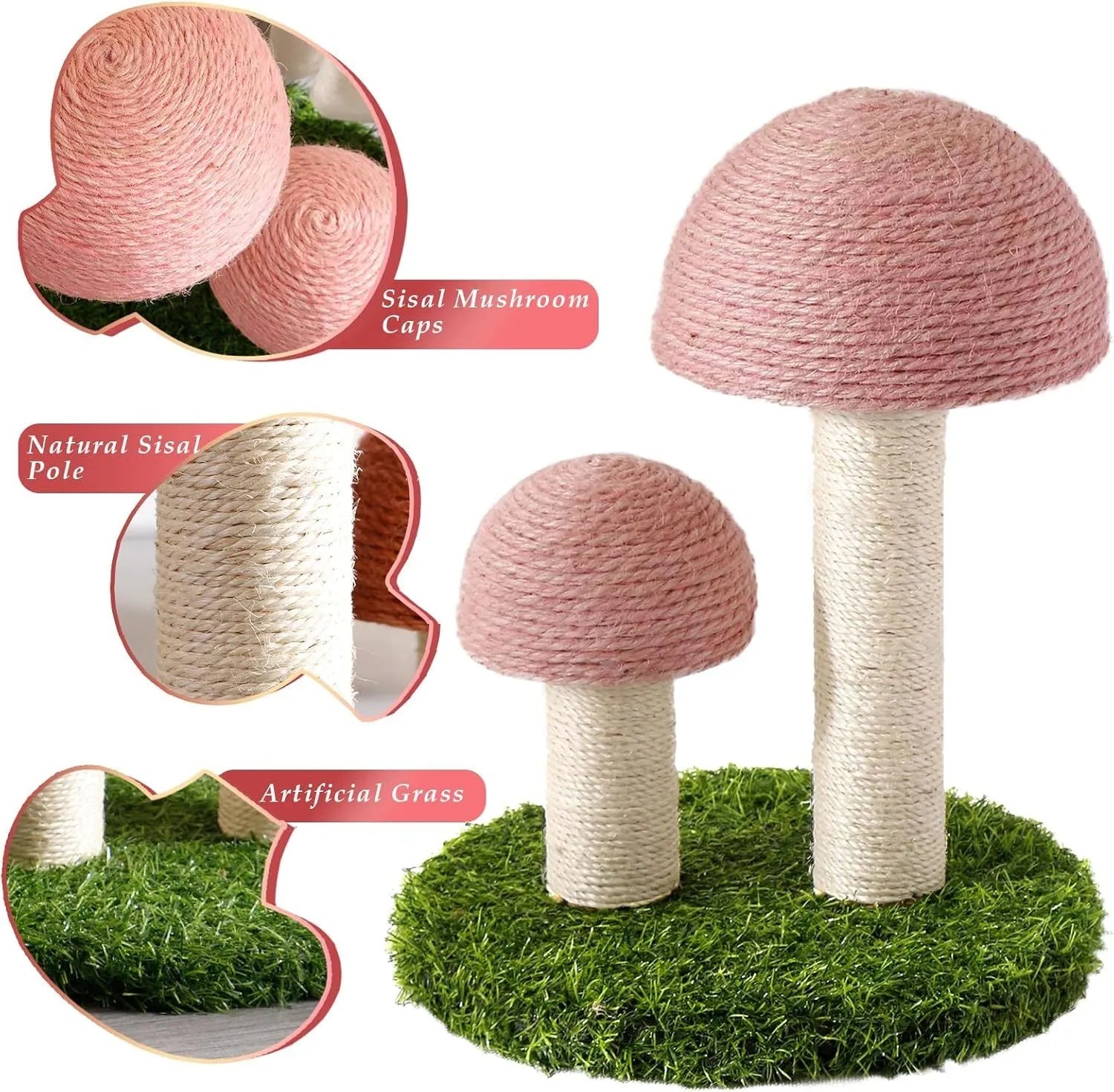 Pink mushroom-shaped cat scratching post with sisal fabric, for small cats and kittens.