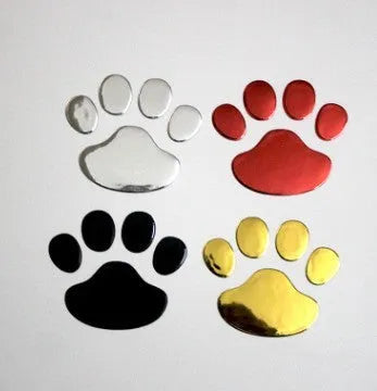 PVC car bumper sticker with hand-brushed dog footprints pattern in red, silver, gold, or black, 7cm long.