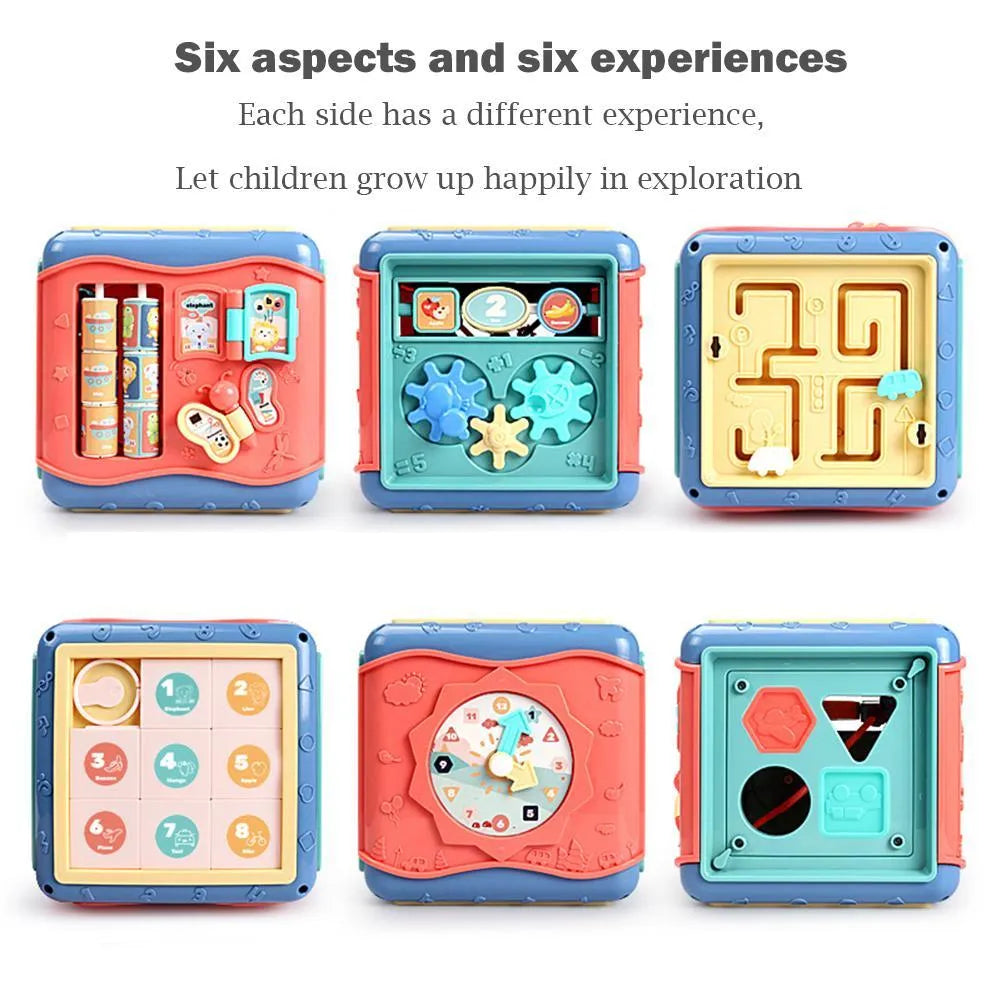Baby hexahedron educational toy with six activity sides including bead maze and gear games