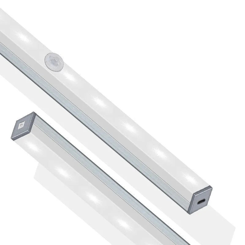 Magnetic LED closet light with motion sensor and aluminium shell shown mounted inside wardrobe