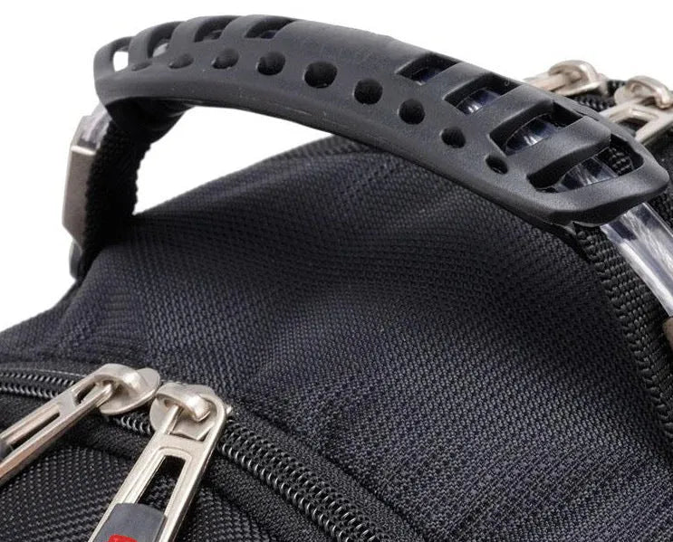 Black business computer backpack showing three compartments and side mesh pockets
