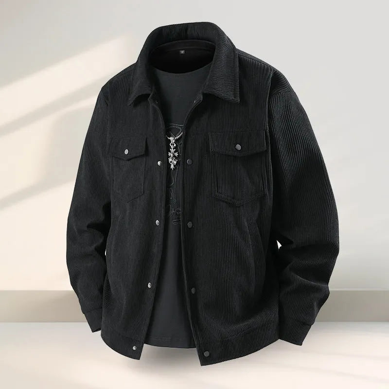 Slim-fit casual coat in black on a model, showing Lycra blend fabric and slim silhouette.