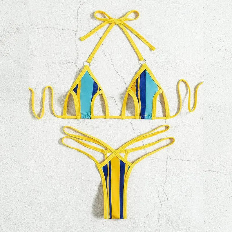 Women's yellow hollow neck-hanging swimsuit with high waist and backless design