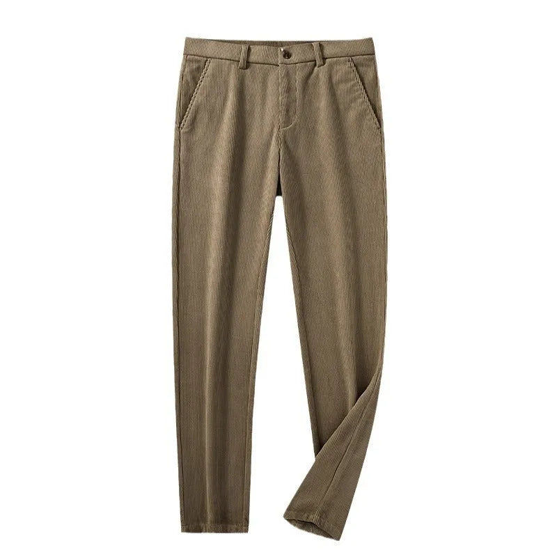 British retro striped straight-leg men's trousers in khaki colour on a hanger.