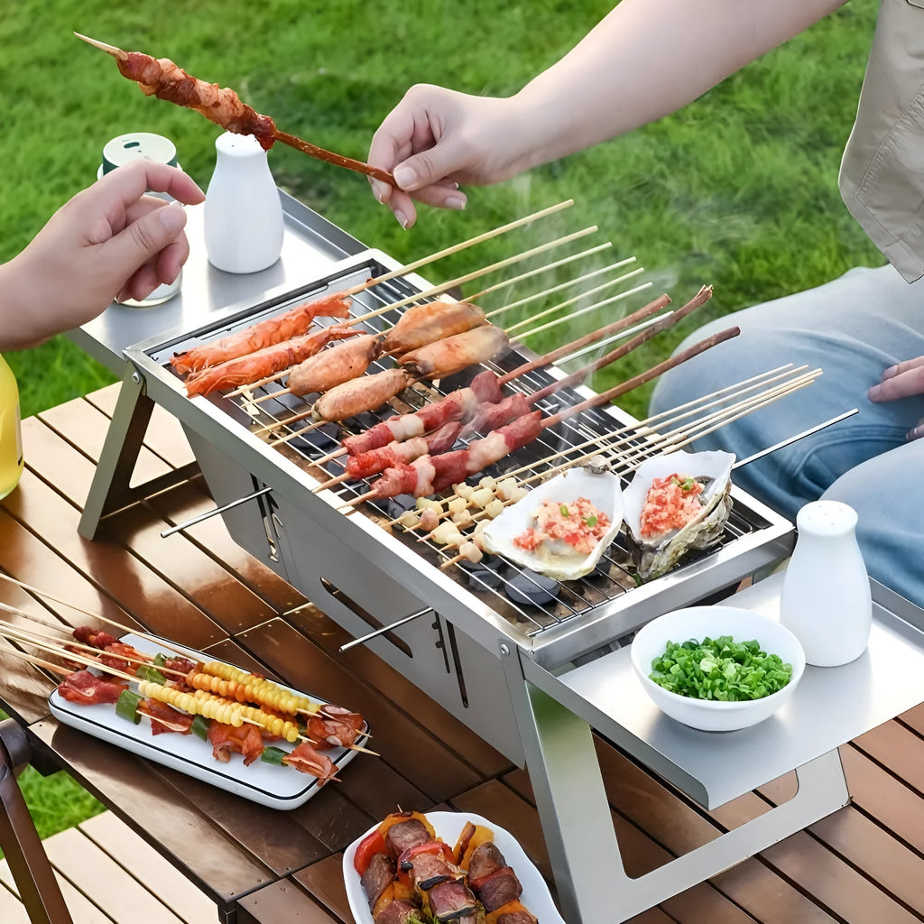 Small foldable portable charcoal grill shown open for use and folded for carrying.