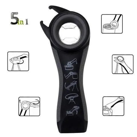 5 in 1 stainless steel can opener and bottle opener, 14.5 cm, with PP handle in black, green, purple, or white