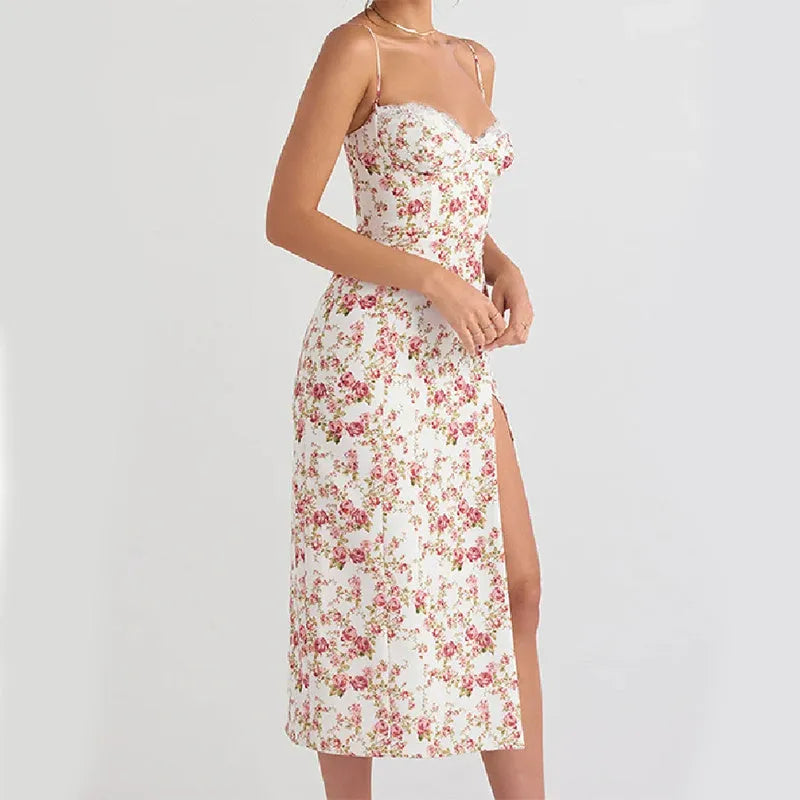 Women's lace print long dress with thigh slit and suspender straps in blue colour