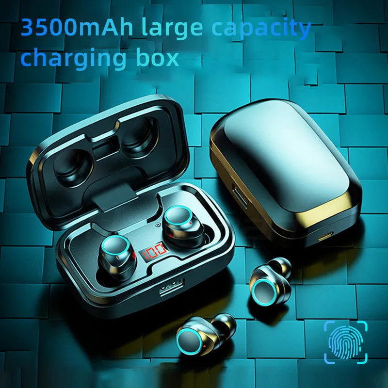 Black Bluetooth earplug headphones with charging case and protective covers