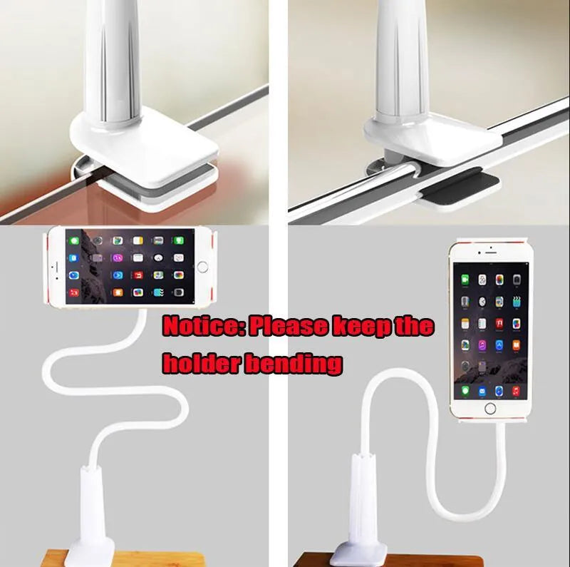 Black aluminium alloy bedside phone stand with a long flexible arm holding a mobile phone on a table.