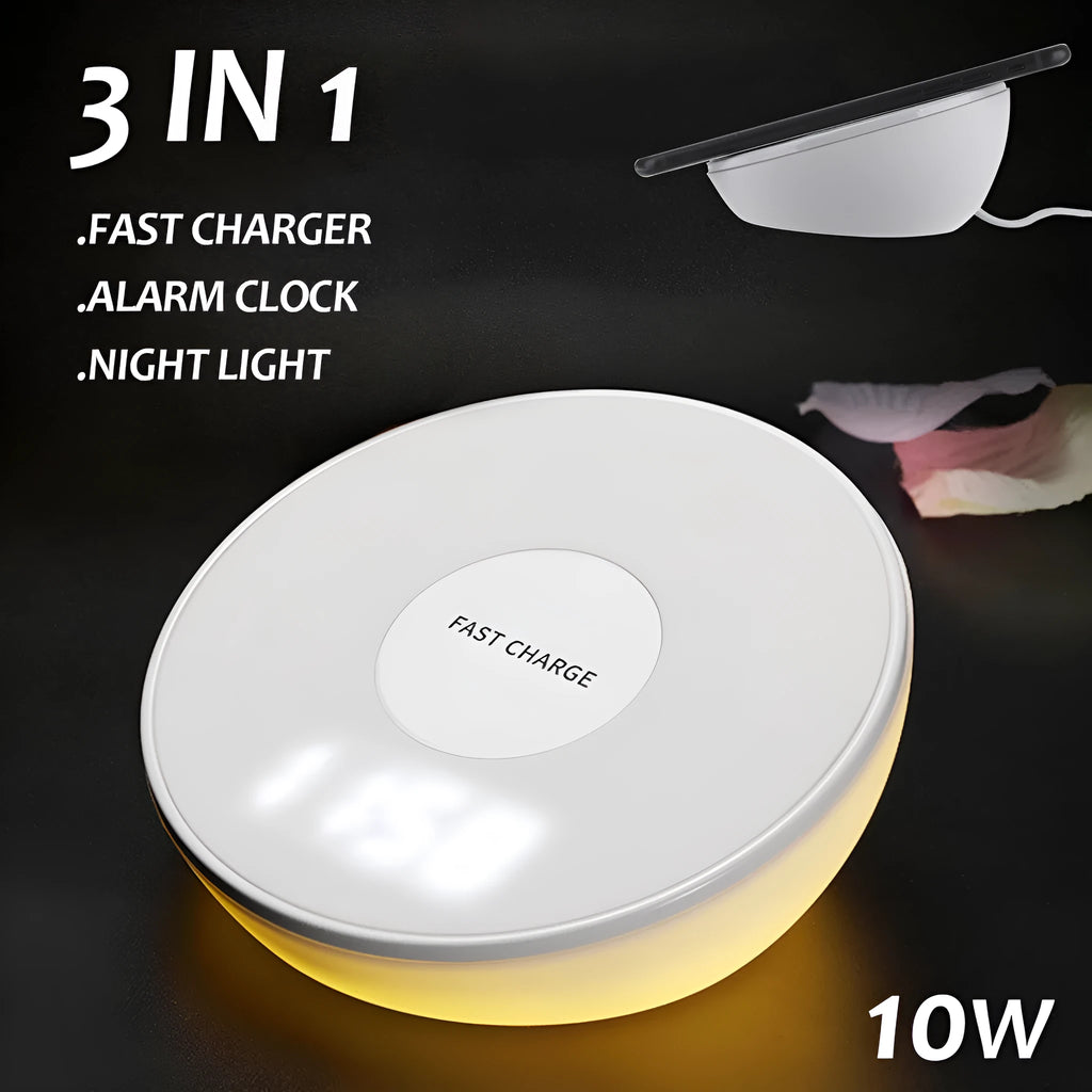 White wireless phone charger with clock display and three control buttons