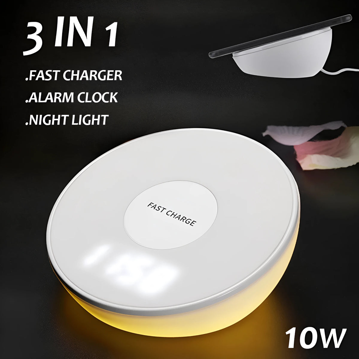 White wireless phone charger with clock display and three control buttons