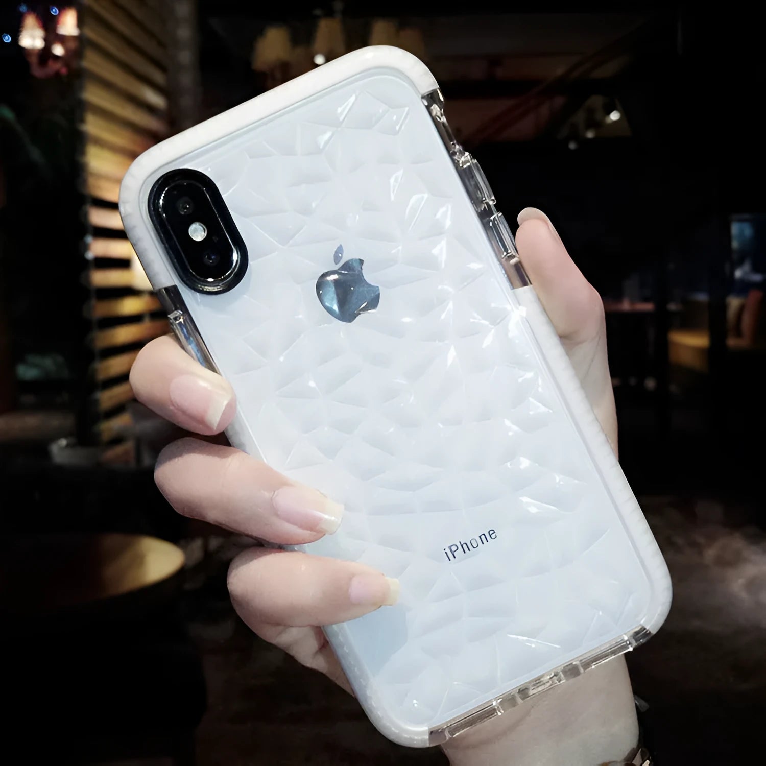 TPU iPhone case with stripe design in pink, white, or black border colours