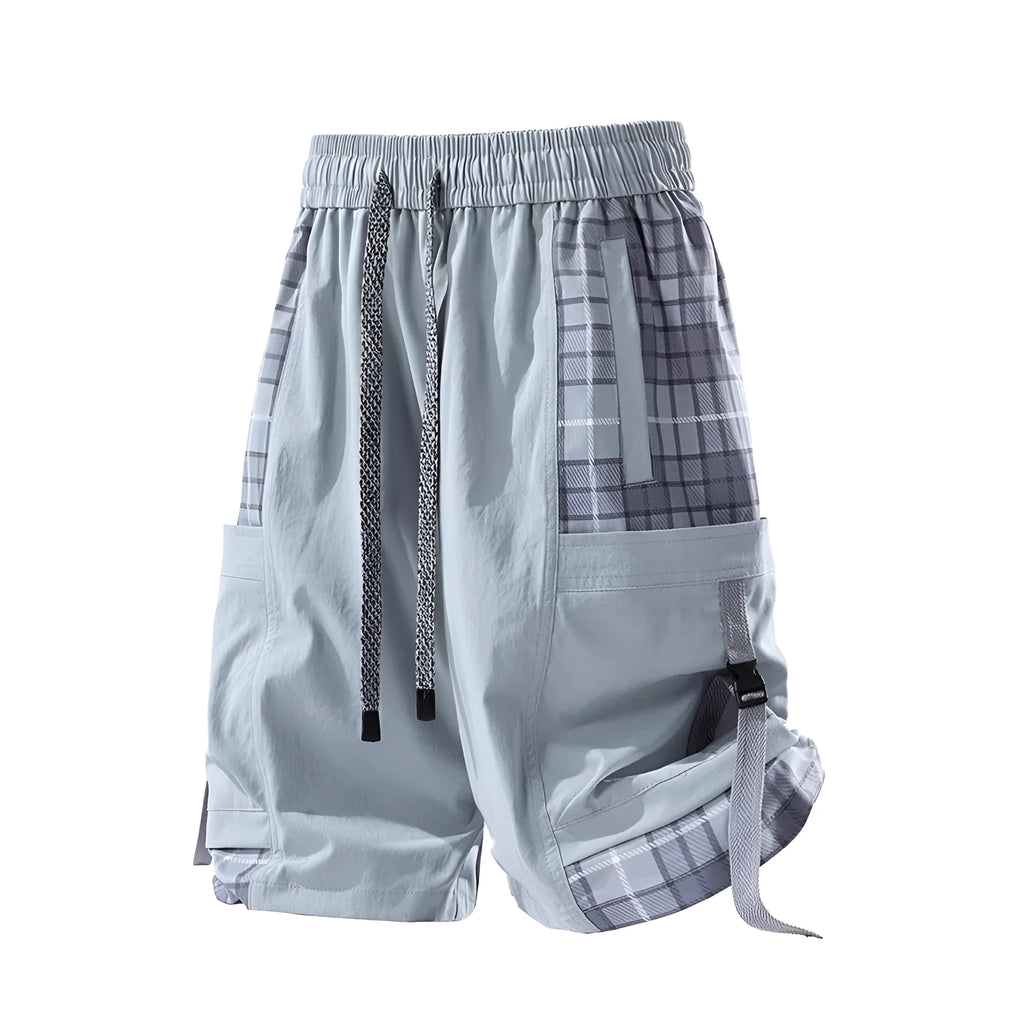Men's loose fit cargo shorts with plaid stitching detail in black, grey, and smoky grey colour options