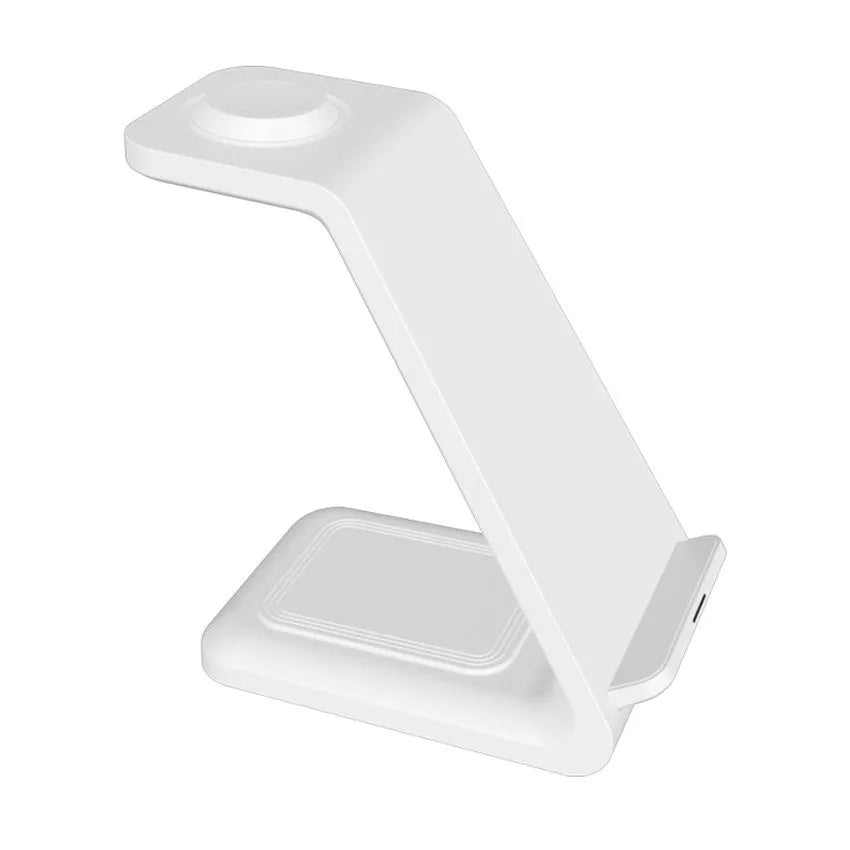 White 3-in-1 upright wireless phone charger with mobile device displayed at viewing angle