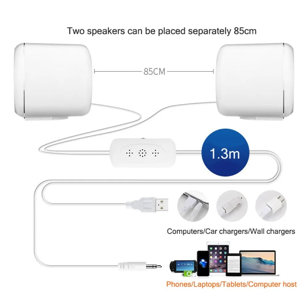 Pair of mini wired computer speakers with volume scroll wheel in black or white colour