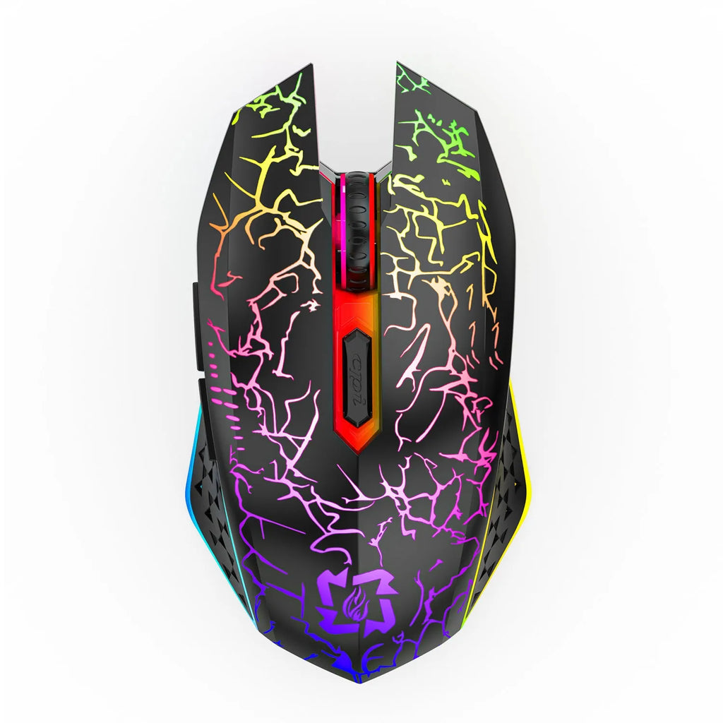 Black and white wireless gaming mouse showing Bluetooth and 2.4G dual-mode connectivity with luminous breathing light effect