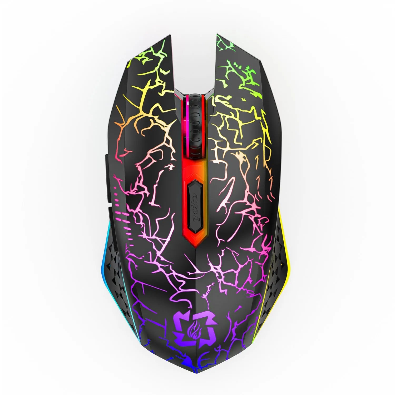 Black and white wireless gaming mouse showing Bluetooth and 2.4G dual-mode connectivity with luminous breathing light effect