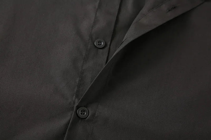Men's black stand-up collar shirt with fitted silhouette, available in sizes S to XXXL for smart casual and formal wear.