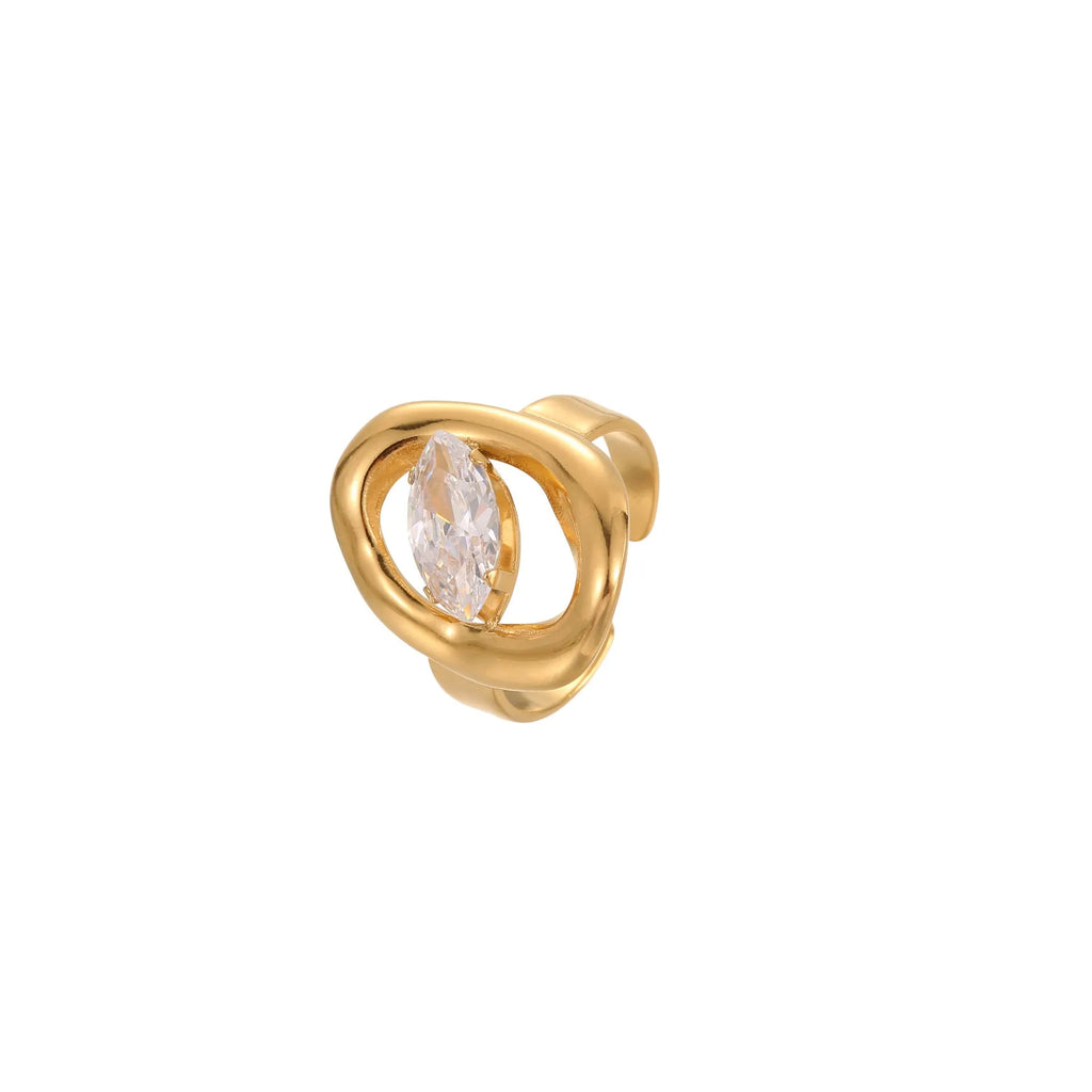 Geometric zircon ring with stainless steel construction and open mouth design in electroplated finish