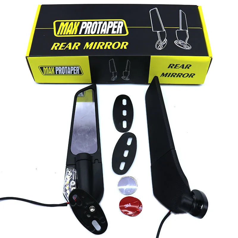 Motorcycle rearview mirror spoiler with integrated yellow light, aluminium alloy construction, convex white glass lens