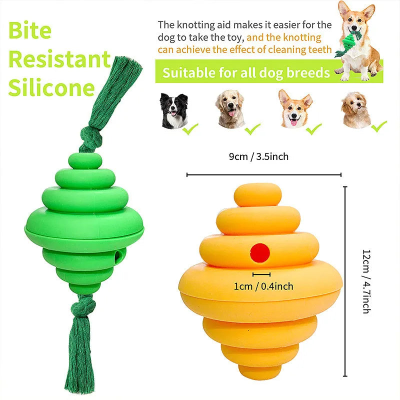 Green and yellow dog ball with knotted rope, a durable interactive toy and food dispenser for large dogs.