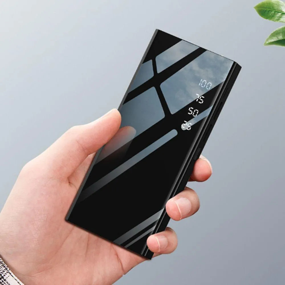 Black 20000mAh portable power bank with LCD screen and dual USB ports on a white background.