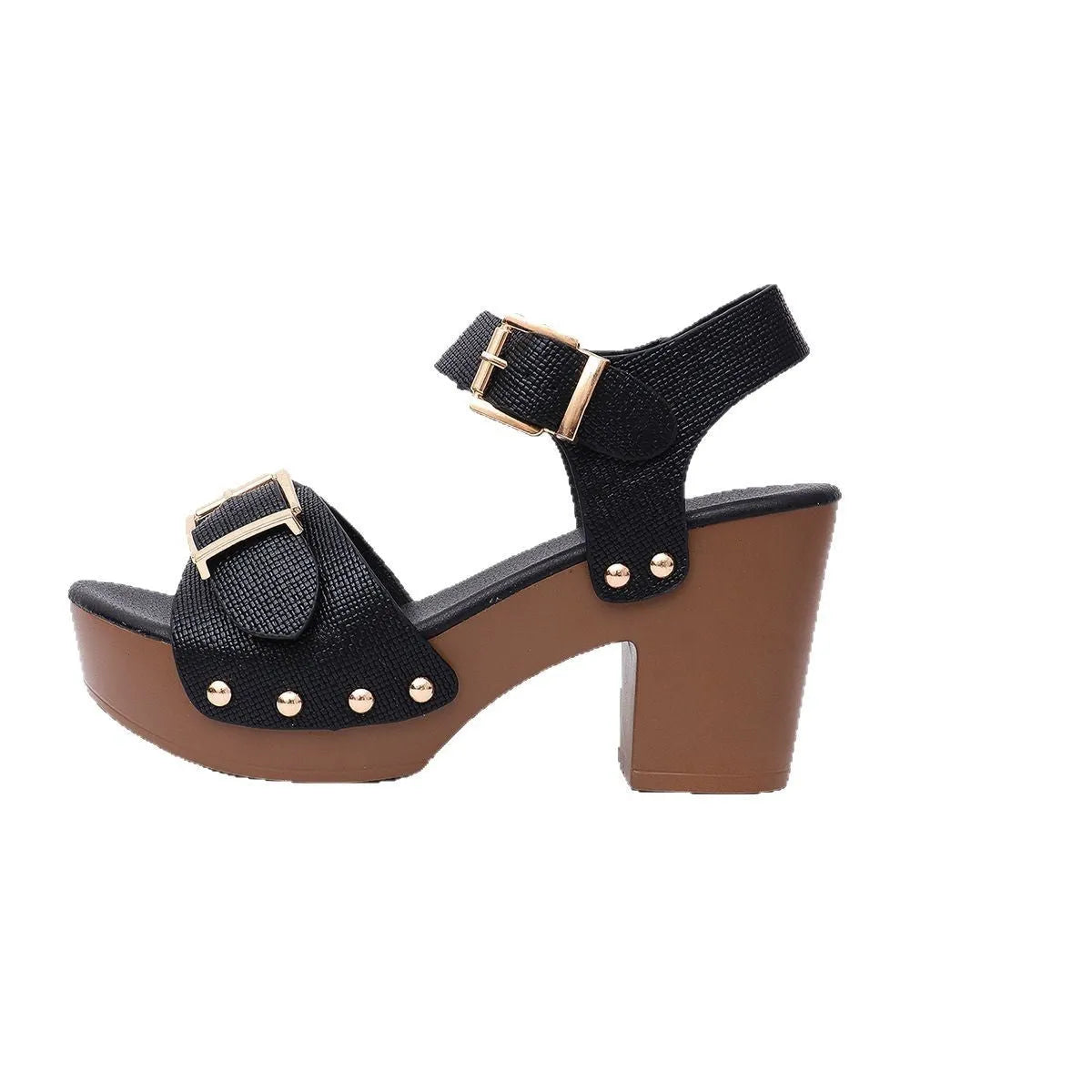 Plus size women's high heel sandals with buckle rivet detail on a thick rubber sole.