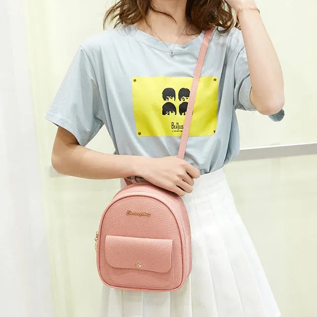 PU women's small backpack shoulder bag in solid colour with zipper closure
