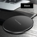 Ultra-thin black wireless charging pad with QI fast charge capability measuring 98x98mm