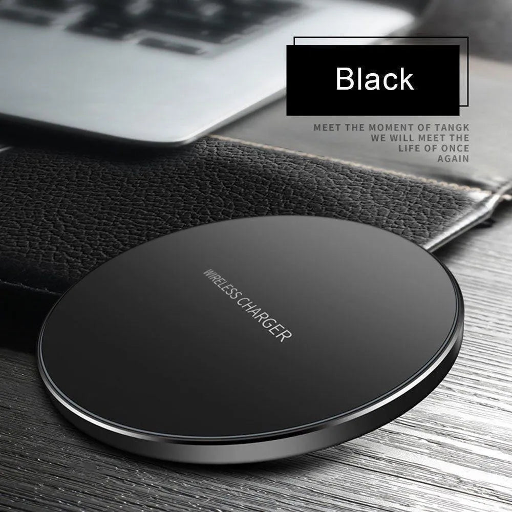 Ultra-thin black wireless charging pad with QI fast charge capability measuring 98x98mm