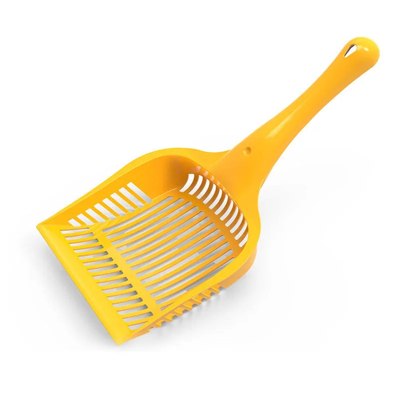 Red, yellow and blue plastic cat litter scoops in small and medium sizes