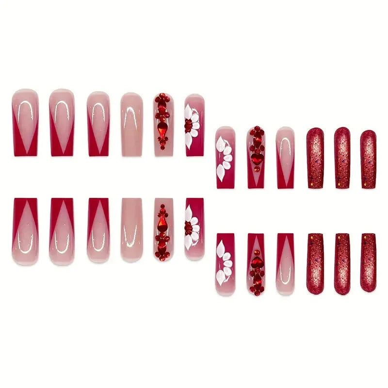 Sweet flower pattern fake nails with prismatic red diamond design in European square long shape