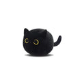 Fluffy black cat stuffed toy with embroidered eyes and whiskers on a grey background.