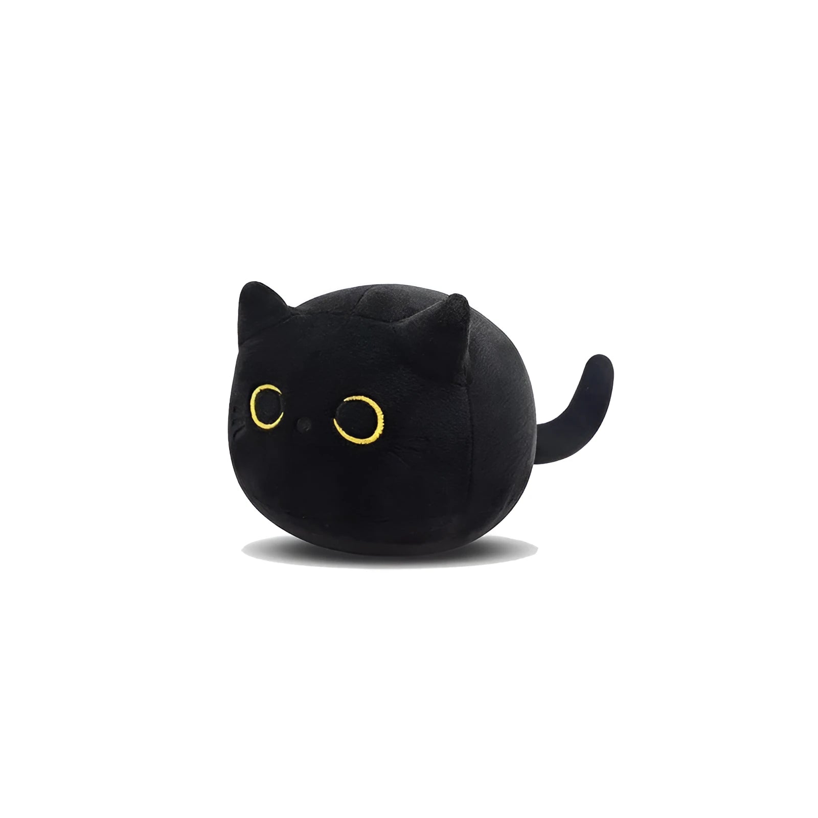 Fluffy black cat stuffed toy with embroidered eyes and whiskers on a grey background.