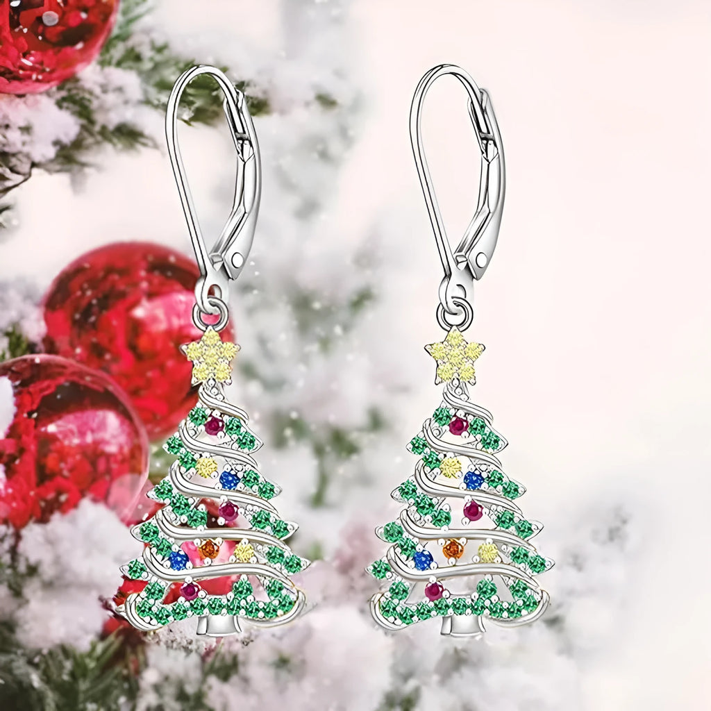Women's Christmas tree earrings with star shape and white gold colour plating
