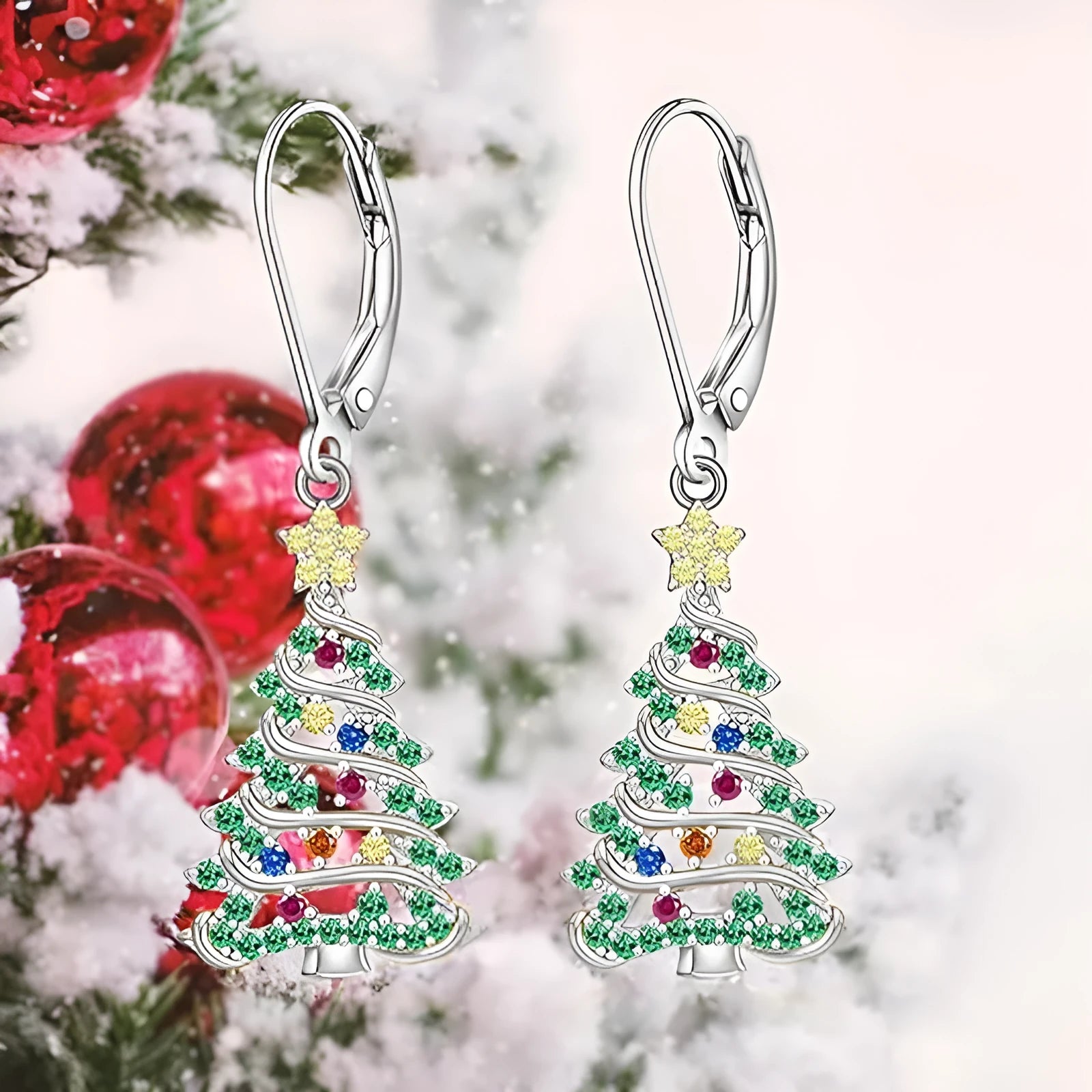 Women's Christmas tree earrings with star shape and white gold colour plating