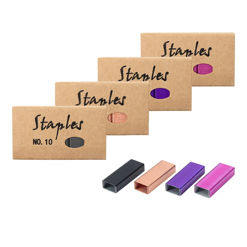 Box of 1000 metal office staples in rose gold, black, purple, and rose red finishes