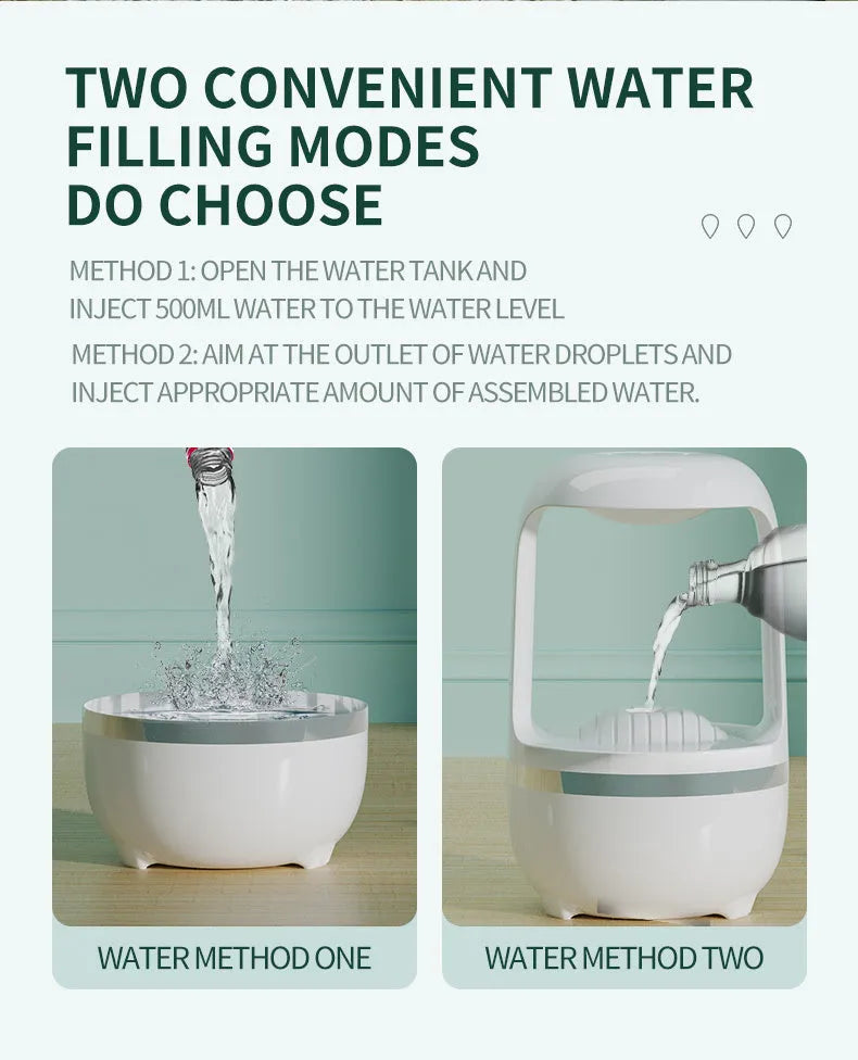 White anti-gravity humidifier on a table showing floating water droplets above its tank.