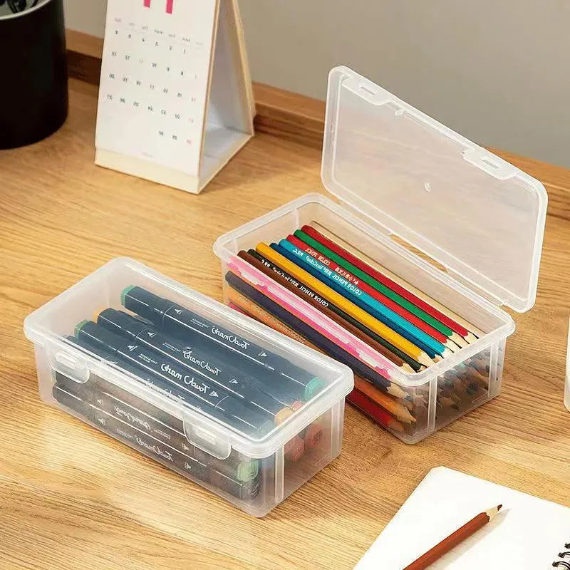 Transparent plastic stationery storage box for pencils and drawing supplies