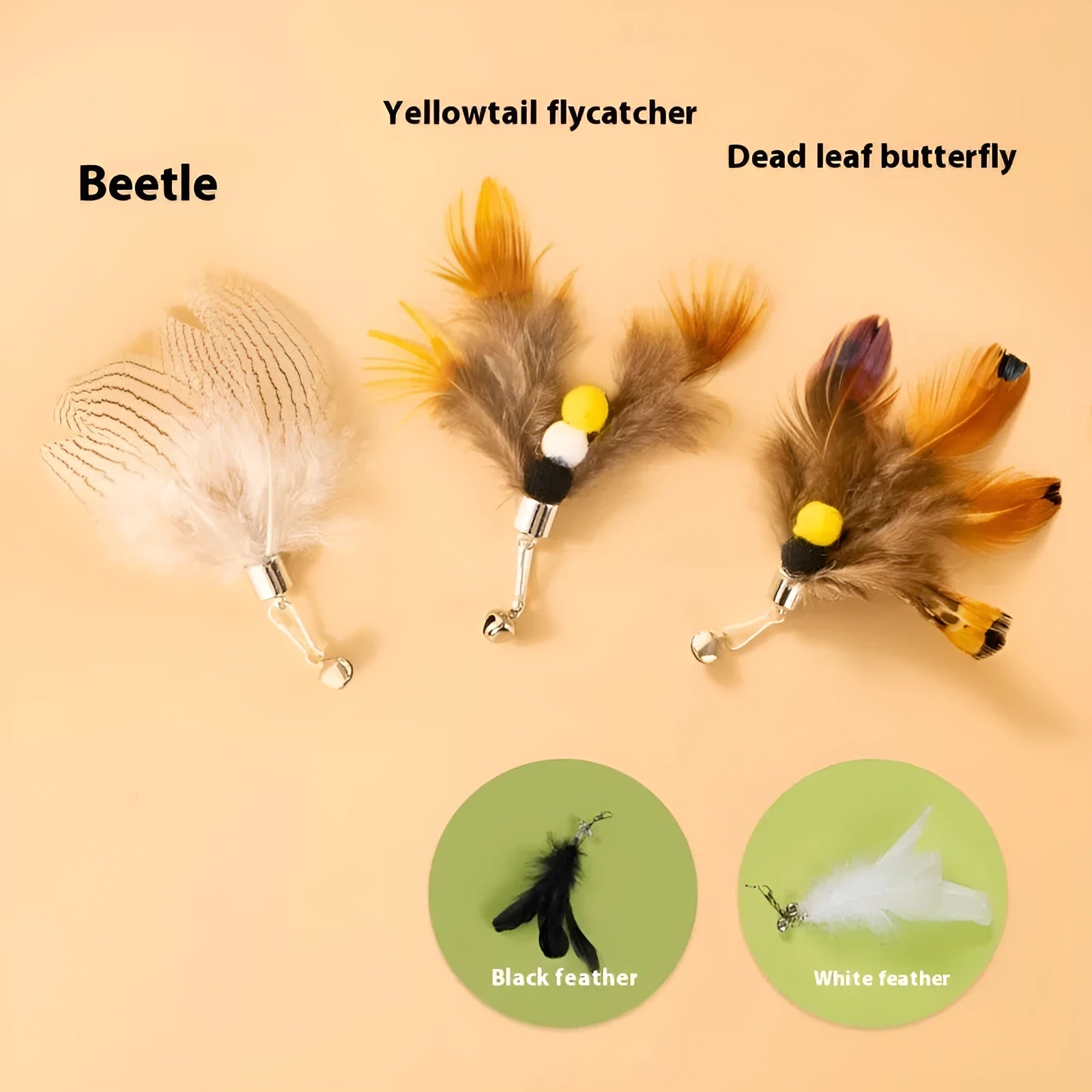 Three steel wire flying insect replacement heads for cat toys in varied colours