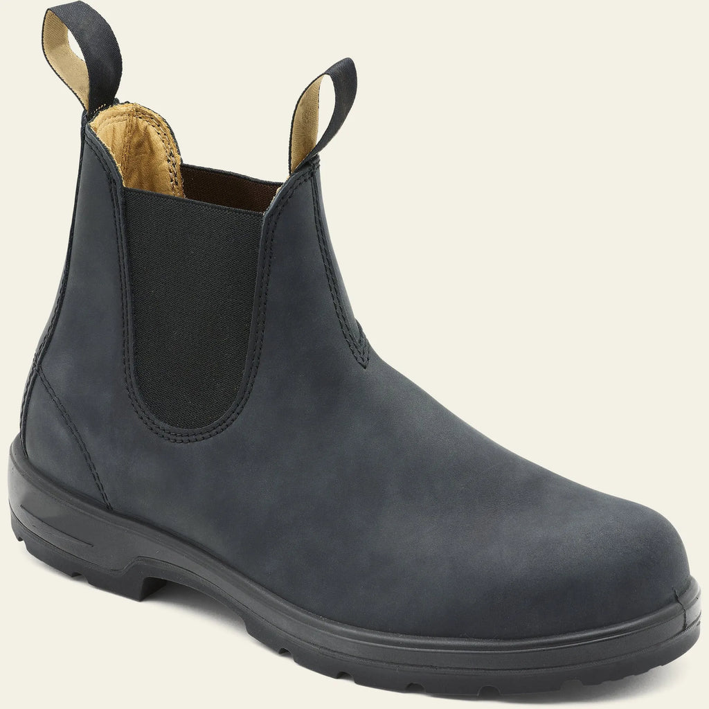 Vintage unisex Chelsea boots in frosted PU leather with beef tendon sole, showing round toe and car suture detail