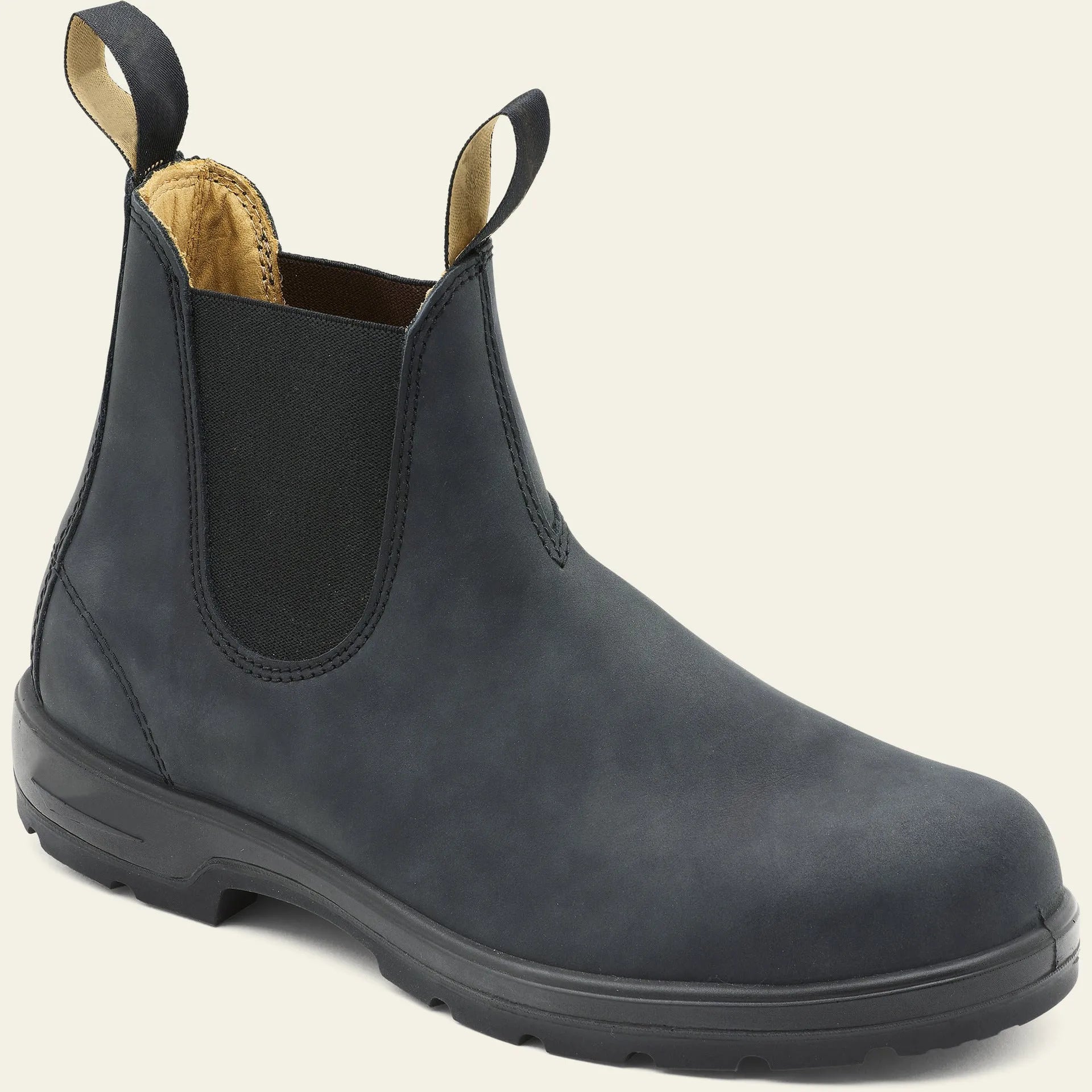 Vintage unisex Chelsea boots in frosted PU leather with beef tendon sole, showing round toe and car suture detail